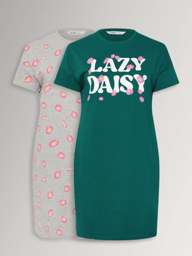 Yours Set Van Twee Paar Nachthemden Met 'Lazy Daisy' Slogan In Groen/Lichtgrijs-56, foto 2