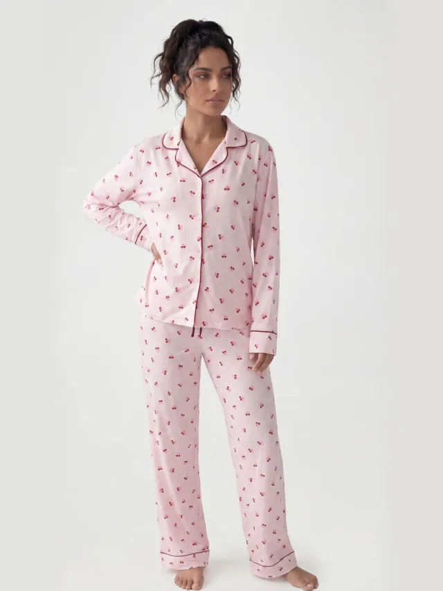 boohoo Dames Pyjamaset Met Kersenprint, Paspeldetail, Lange Mouwen En Broek Baby Roze
