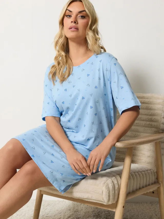 Yours Blauw Nachthemd Met Hartje En Zijsplit-42 Blue