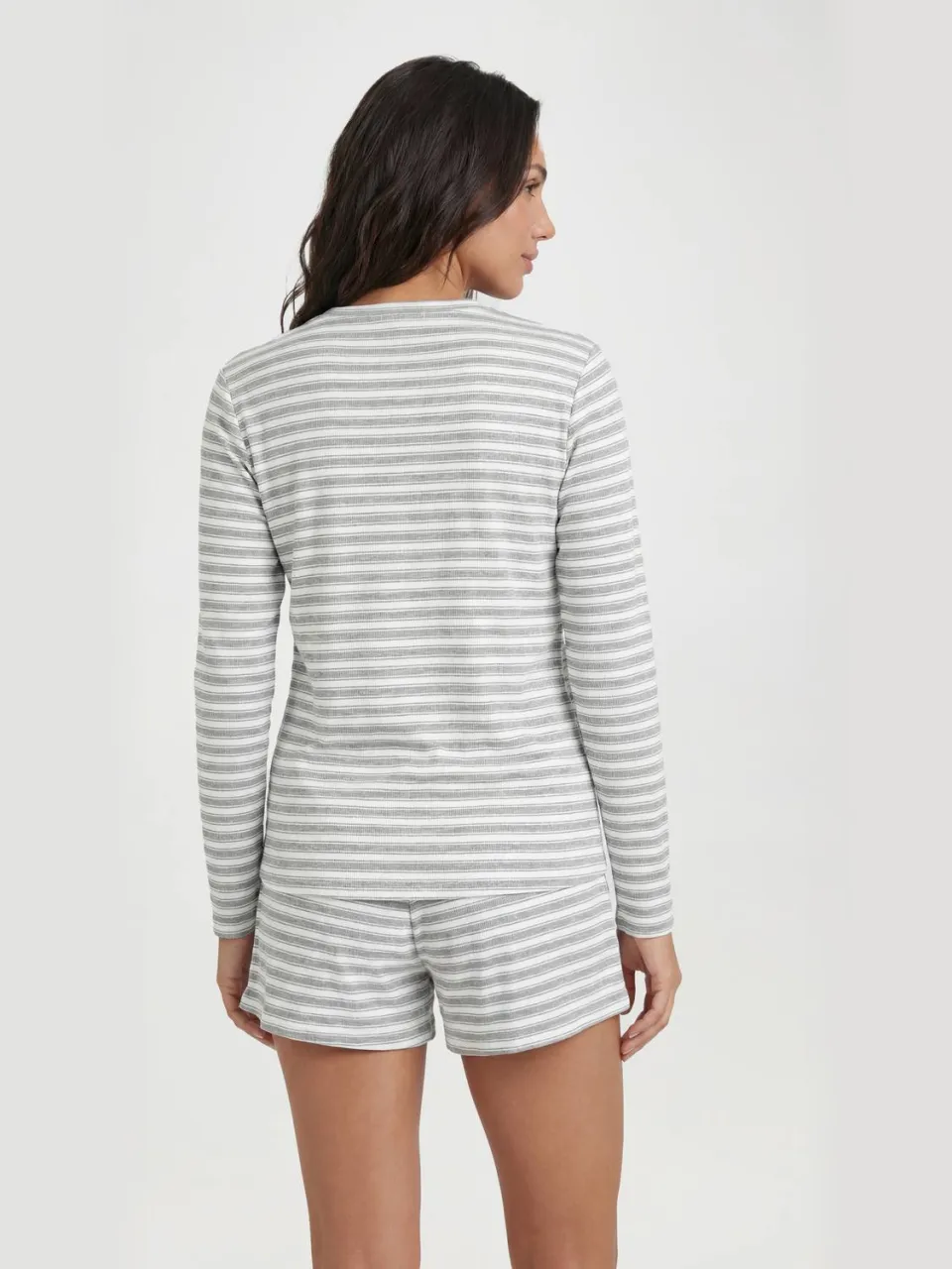 boohoo Dames Geribde Gestreepte Pyjama Set Met Lange Top & Korte Broek grijs, foto 2
