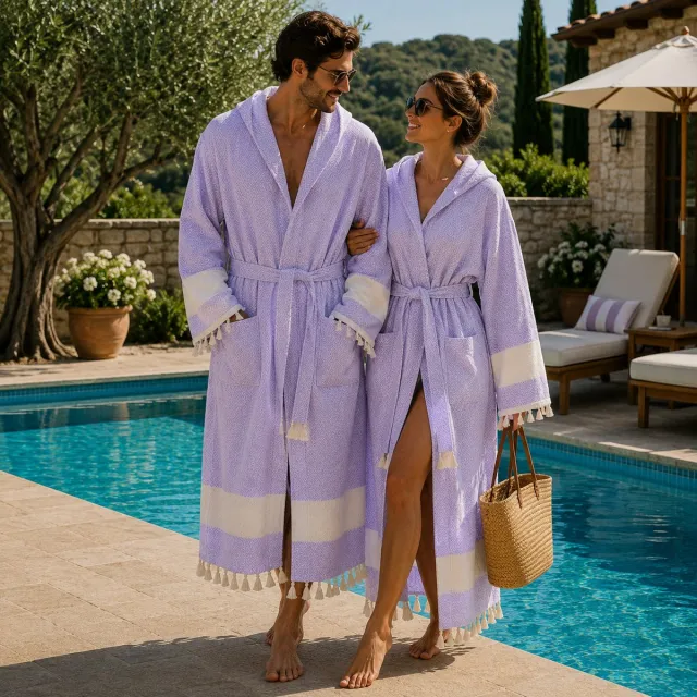 FABRIC BOX %100 Katoenen Peshtemal Badjas met Sjaalkraag en Capuchon – Lichtgewicht, Ademend & Sneldrogend, Ideaal voor Strand, Spa, Sauna en Thuisgebruik Lila