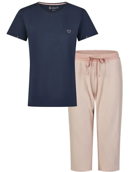 By Louise Essential dames capri pyjama driekwart gestreept blauw Veelkleurig