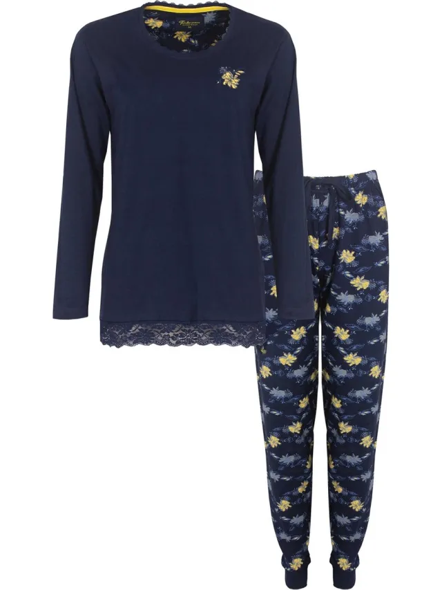 Tenderness Dames Pyjama - Katoen - Lange Mouwen - Blauw