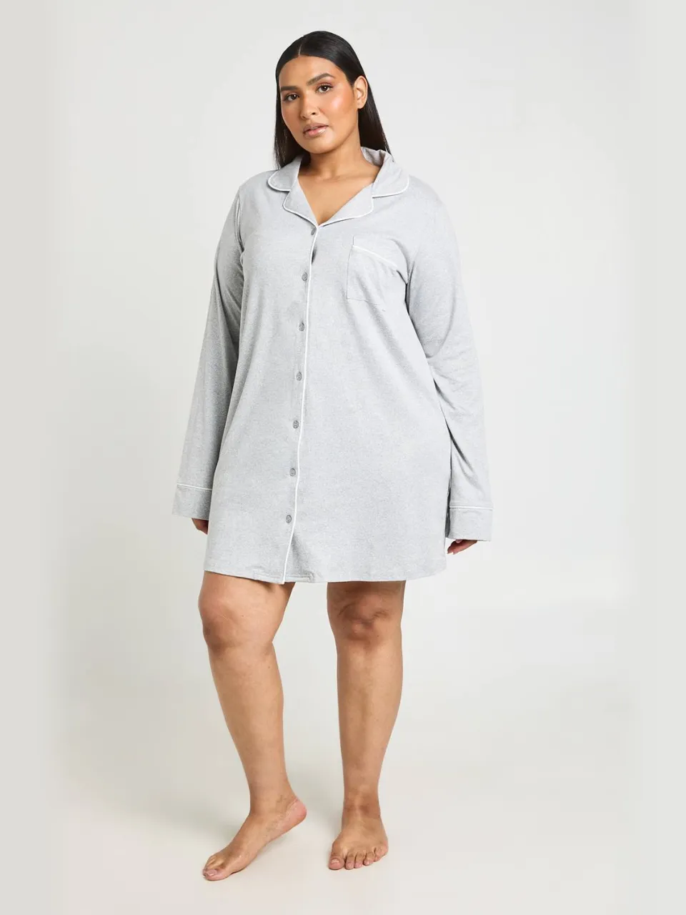 boohoo Dames Plus Nachthemd Met Lange Mouwen En Paspeldetail Grijze Mergel