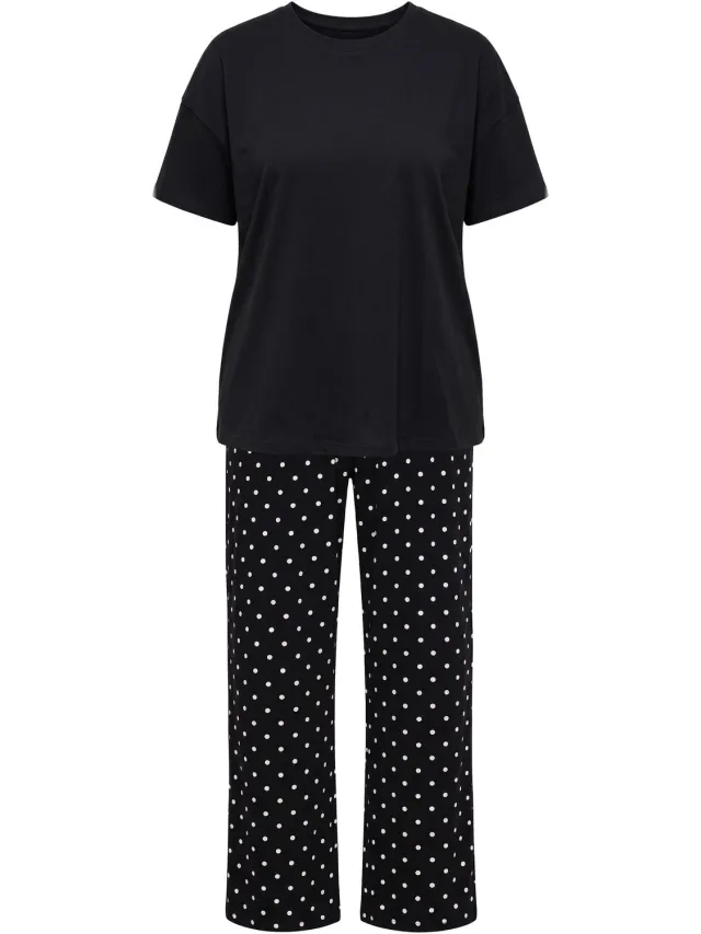 Studio Untold Dames - Pyjama tweedelig effen shirt broek met stippen - Zwart - Maat 50+