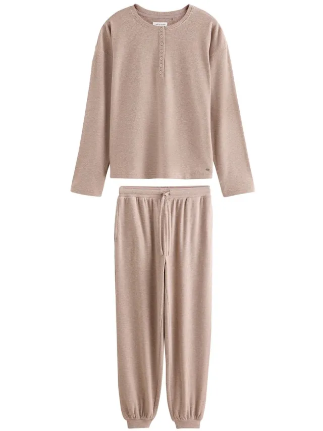 Next Dames - Behaaglijke petite Henley-pyjama van wafelstof met lange mouwen - Petite - Crème Neutral