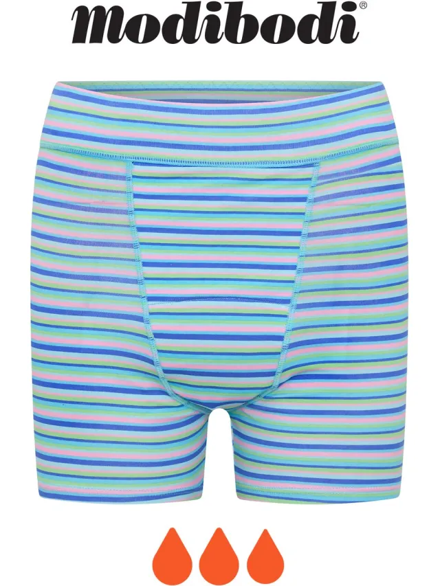Modibodi Menstruatie Ondergoed Super Absorberend Lekvrij voor Tieners Slaapshort Periwinkle Stripe Purple 128/134