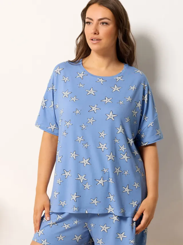 Yours Blauwe Pyjamaset Van Zachte Stof Met Zeesterrenprint-60 Blue