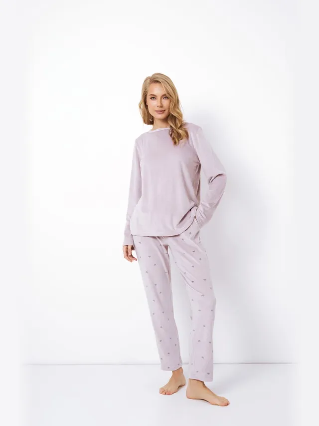 Aruelle Paarse Dames Pyjama Izzie-Fluweelzachte Set-Lange Mouwen & Broek-Steekzakken & Verstelbare Taille