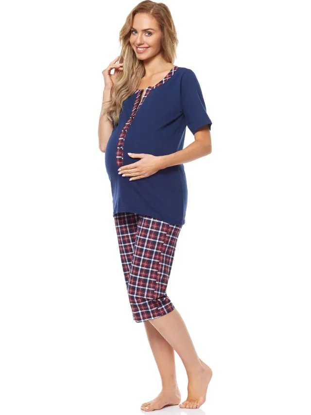 Be Mammy Dames Pyjama – Verpleegpyjama - Korte mouwen - Korte broek - Katoen – Donkerblauw – S – BE-TR-988