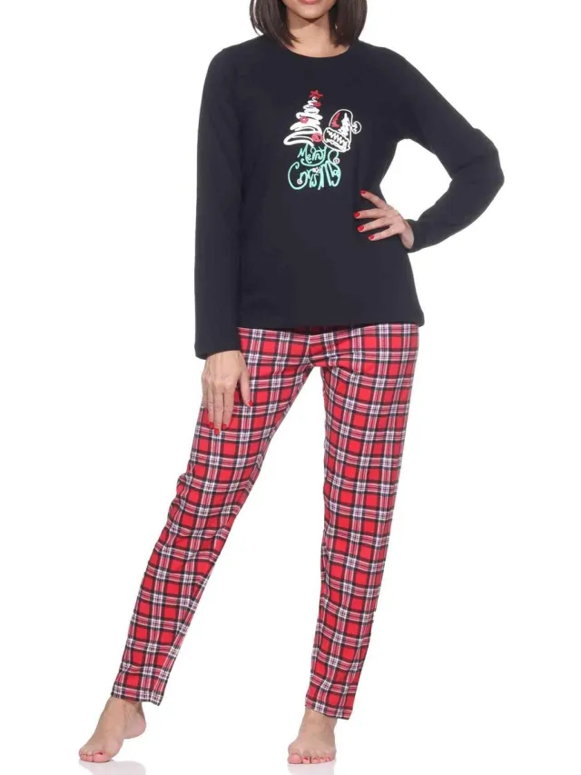 Normann dames kerstpyjama met lange mouwen en kerstmotief schwarz