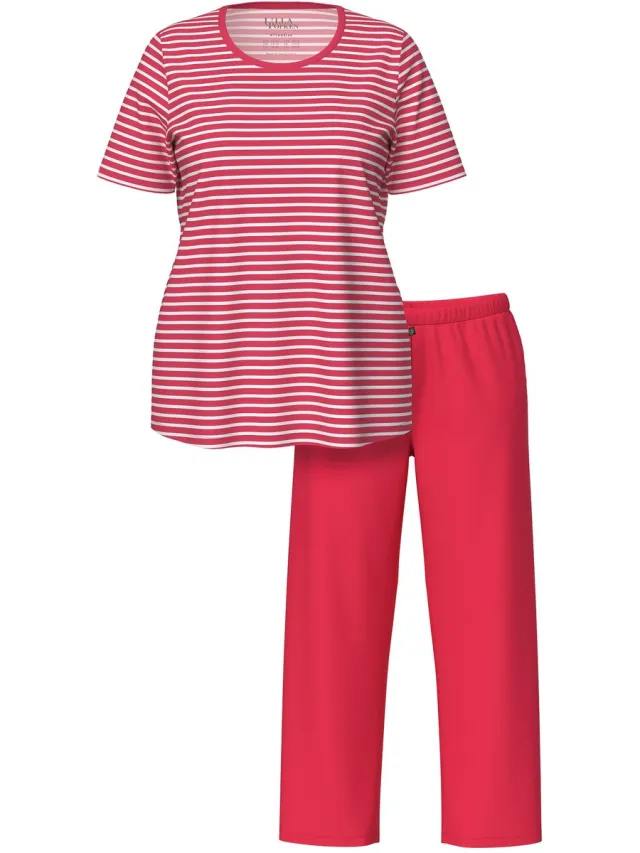 Ulla Popken Dames - Pyjama strepen ronde hals korte mouwen biologisch katoen - Fuchsiarood - Maat 42+