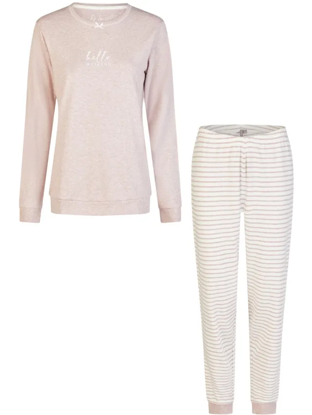 By Louise Dames Pyjama Set Lang Interlock Roze/Wit Gestreept