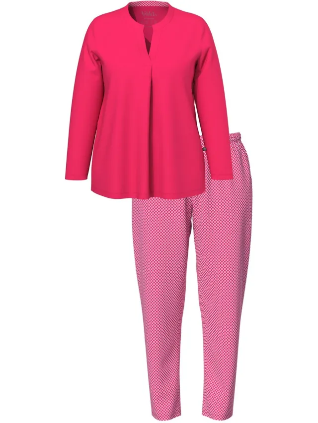 Ulla Popken Dames - Pyjama patroon ronde hals lange mouwen - Magenta - Maat 42+