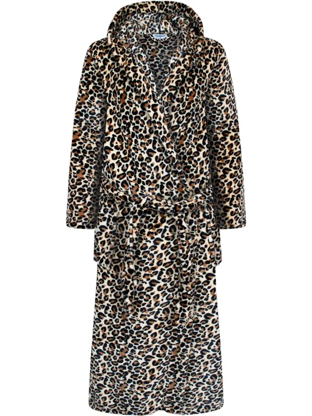 GAUBERT Unisex Badjas Extra Lang met Capuchon en Ceintuur - Ochtendjas - Superzacht Coral Fleece - Heren Dames - Panterprint Zwart - 8211-Beige Unisex, Ceintuur, Panterprint Beige