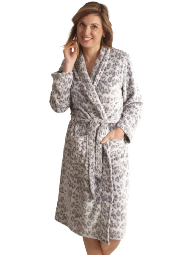 Cocodream Collections Cocodream dames badjas fleece - Panter - Warme winter ochtendjas - S - Grijs