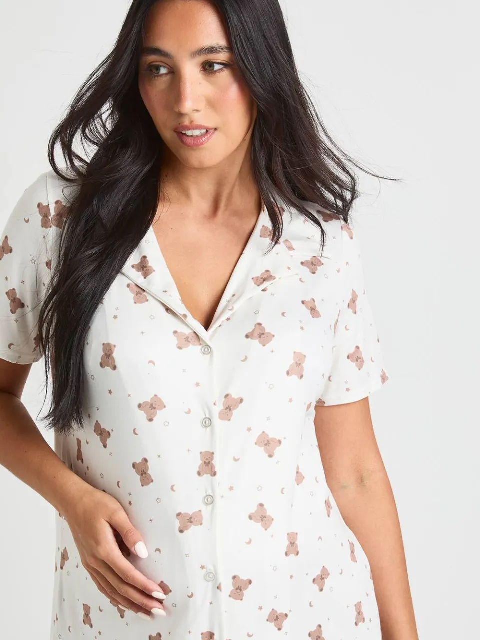 boohoo Dames Zwangerschapsnachtjapon met berenprint en doorknoopte kraag lichtbruin, foto 4