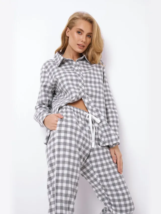 Aruelle Dames Pyjama Stacy-Grijs/Wit Geruit-100% Katoen-Overhemd Top & Rechte Broek-Witte Bies Details