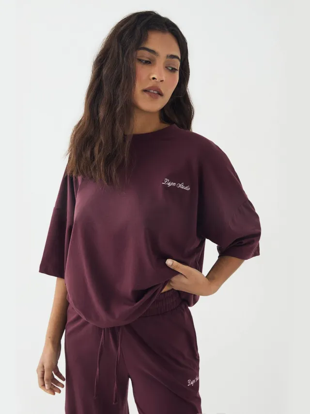 Dames DSGN Studio Lounge Korte Mouw Oversized Superzacht T-Shirt bordeaux rood, foto 2