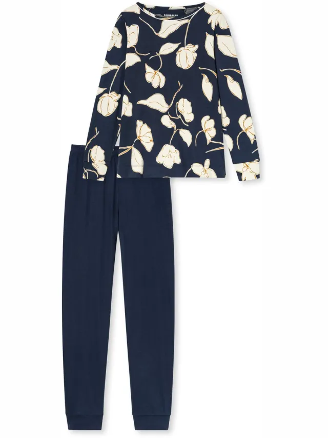 Schiesser pyjama dames - lange mouw - katoen en modal - Bloemenprint Comfort Nightwear - nachtkleding - 40 - Blauw deep sea blue