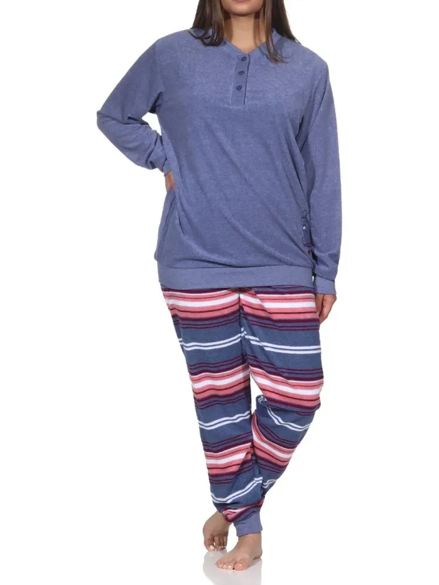 Normann Dames badstof pyjama lange mouw met manchetten - broek gestreept - ook in overmaten blau-mel.