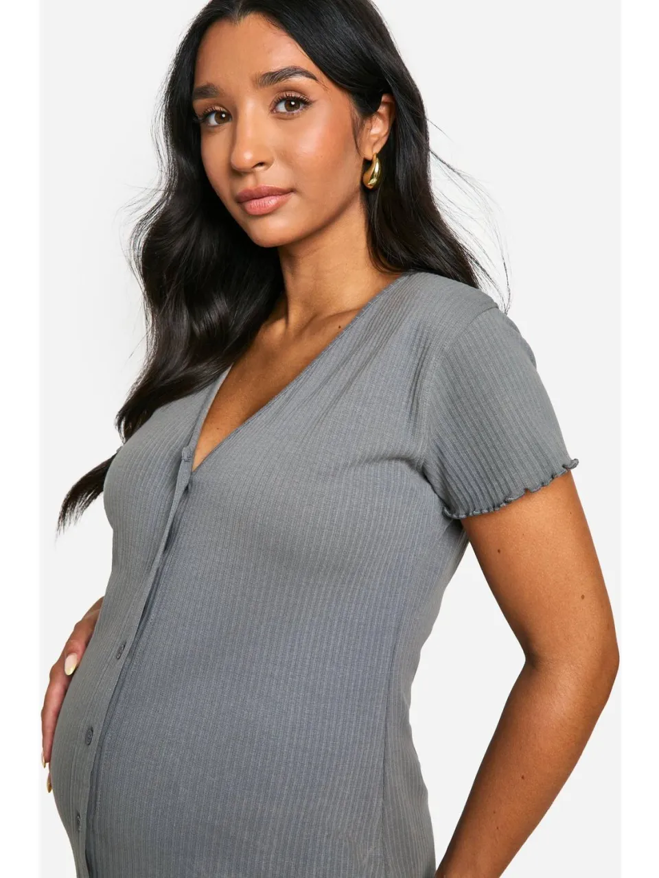 boohoo Dames Maternity Ribbed Button Down Nightie houtskool, foto 3