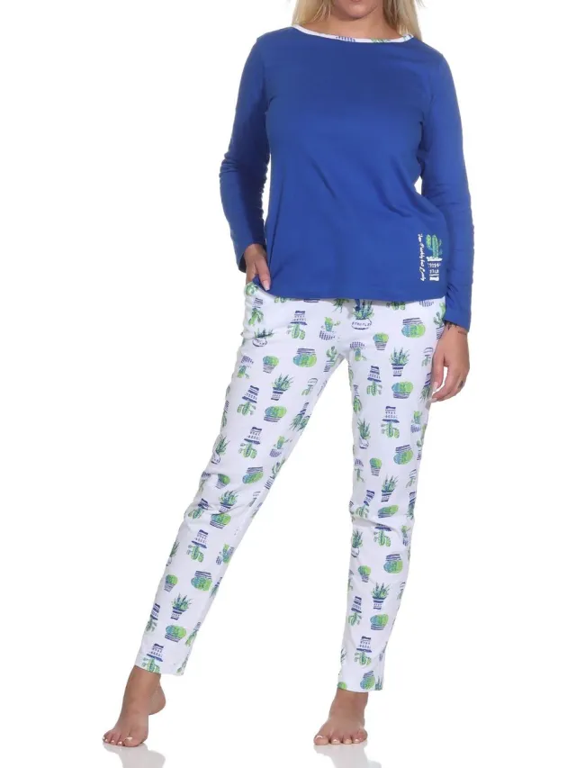 Normann damespyjama met lange mouwen en pyjamabroek in prachtig design blau