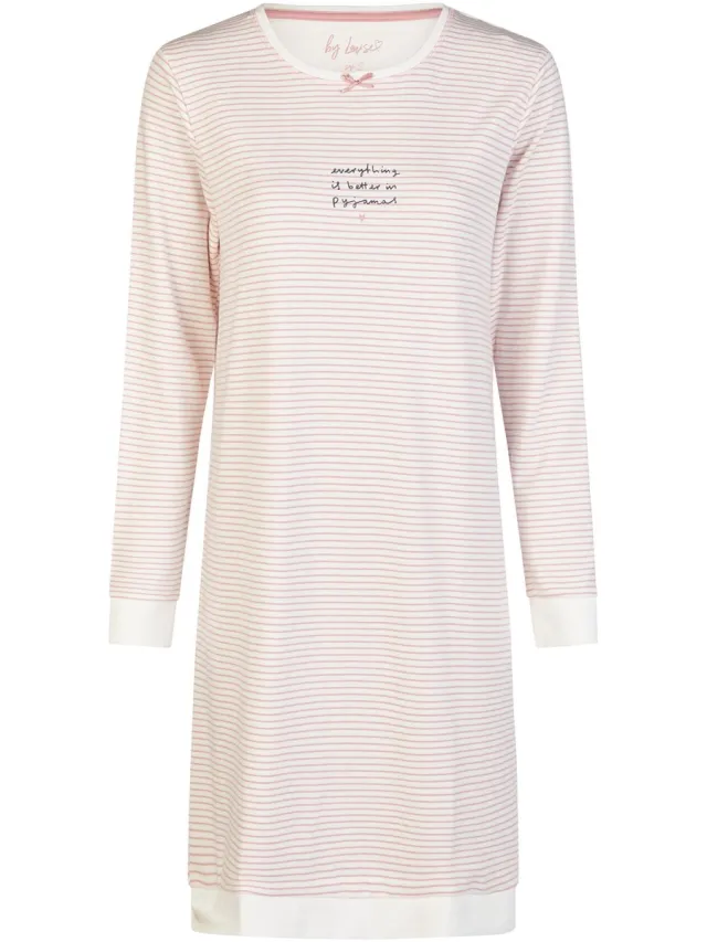By Louise Dames Nachthemd Interlock Lange Mouw Roze/Wit Gestreept