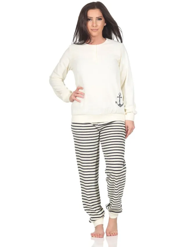 Normann badstof pyjama voor dames met maritieme look en ankermotief - ook in grote maten weiss1