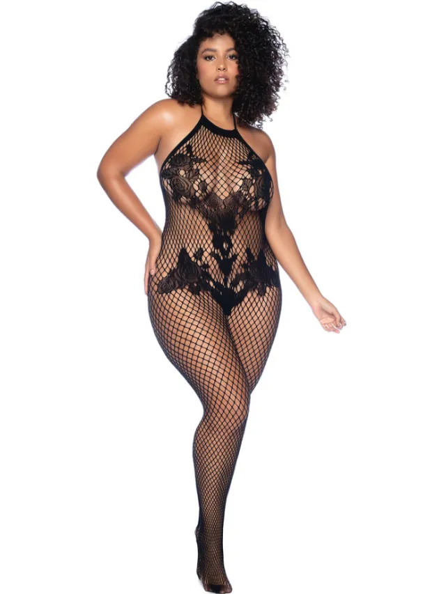 Mapalé Halter en Kralenloze Bloemen Bodystocking - Koninginneformaat - Zwart