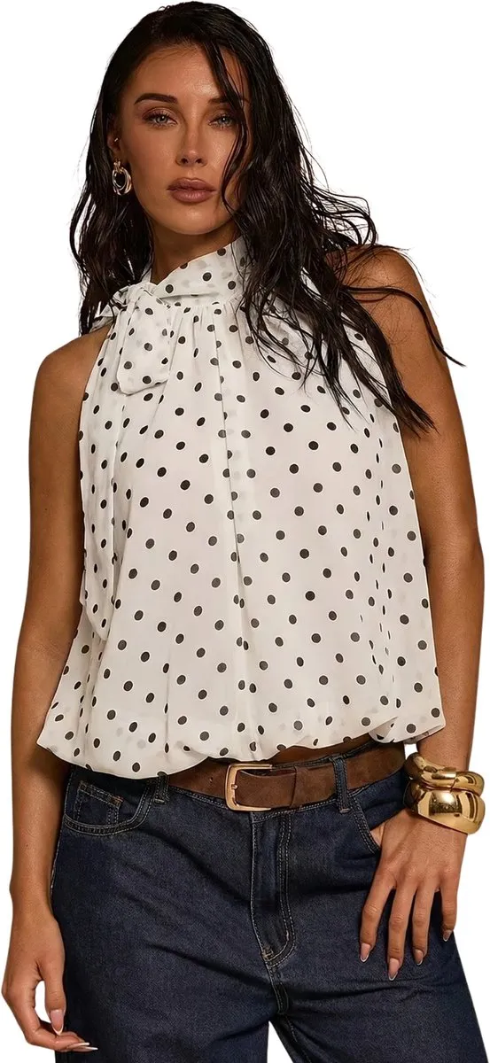Currero Topje Dames Polkadots - Mouwloze Top - Singlet - Kleding - Shirt - Blouse - Kort - Volwassen - Wit