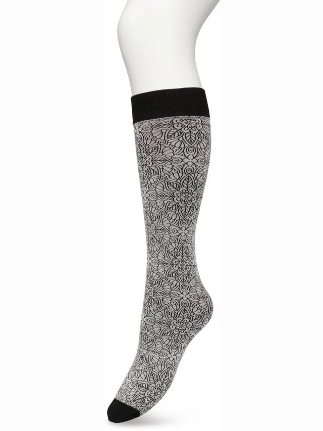 Bonnie Doon Dames Bloemen Panty Kniekousen Grijs - Knie Kousen 100 denier - Gebloemd - Bloemen Print - Uitstekend draagcomfort - Mandala Flower Knee High - Kniesokken - Zakt niet af - OEKO-TEX - Grey - BP221805.235