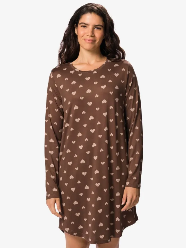 HEMA Damesnachthemd brushed micro hartjes bruin