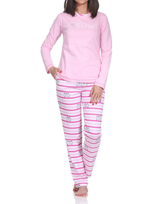 Normann dames pyjama met lange mouwen in kattenlook – ook in grote maten rosa