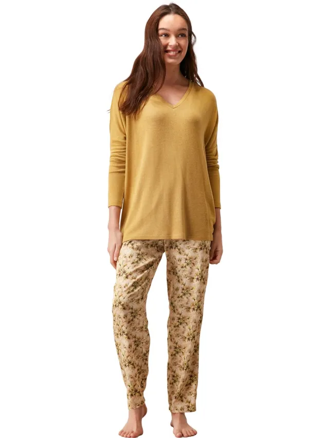 Penye Mood Dames Pyjama Set, Lange Mouwen Geel