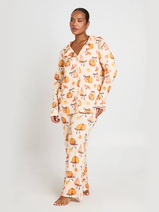 boohoo Dames Plus Pompoen En Strik Lange Mouwen Shirt & Broek Pyjama Set Oranje