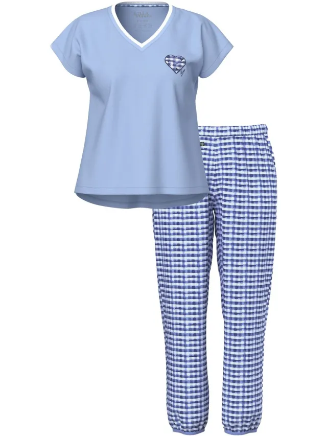 Ulla Popken Dames - Pyjama ruit V-hals korte mouwen - Vorstblauw - Maat 42+