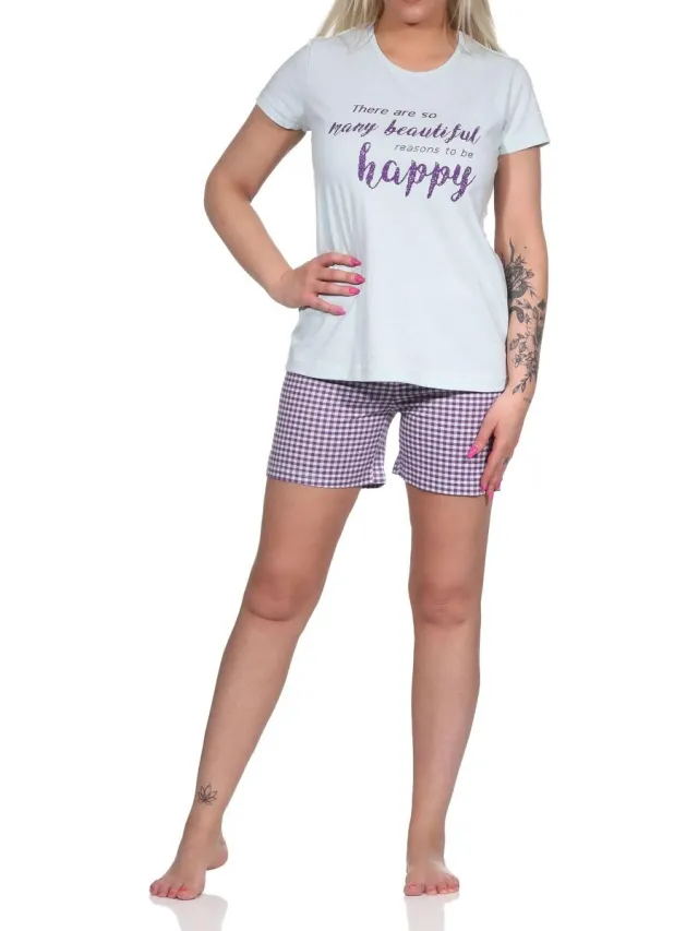 Normann Korte damespyjama, korte pyjama met geruite korte broek - 112 205 10 734 blau