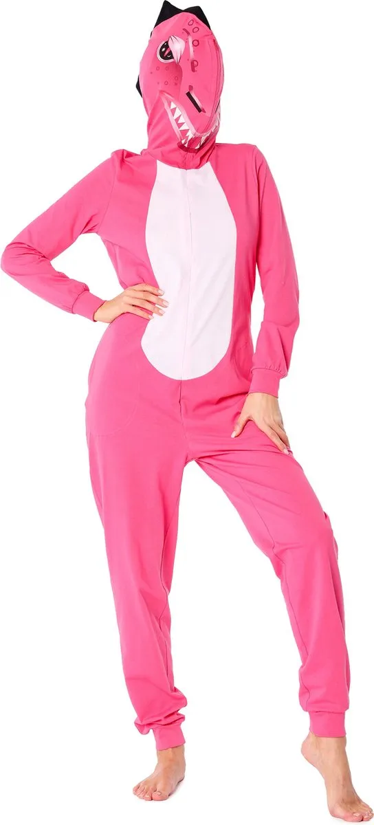 Ladeheid Dames Overal slapen Pyjama - met Capuchon - Lange mouwen - Lange broek - Katoen - LA-LA40-234-PJ - Donkerroze Dino