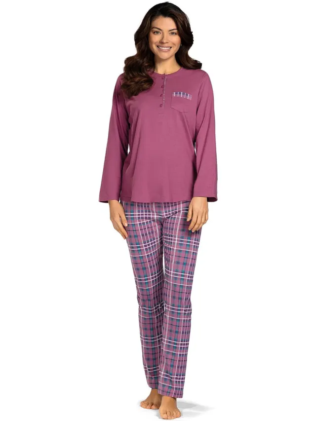 Comtessa Pyjama 'Damson Check' - Dames Nachtmode - Lange Mouw - Paars