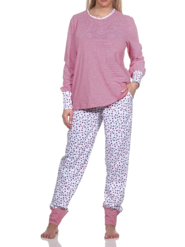 Normann Dames Pyjama Lange Mouwen met Manchet, Top Gestreept, Broek Bloemenbedrukt rot
