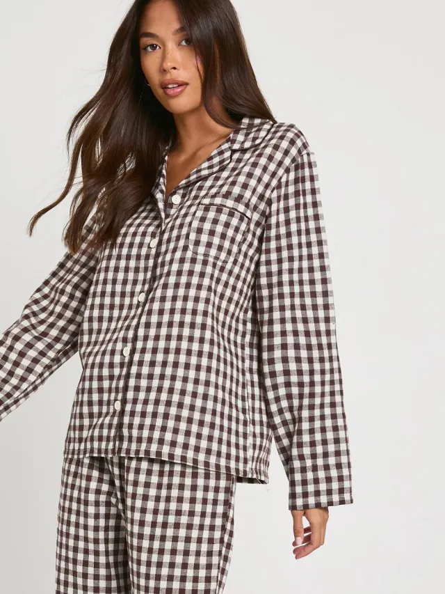 boohoo Dames Geborsteld geruit langarmhemd & broek pyjama set Chocoladebruin