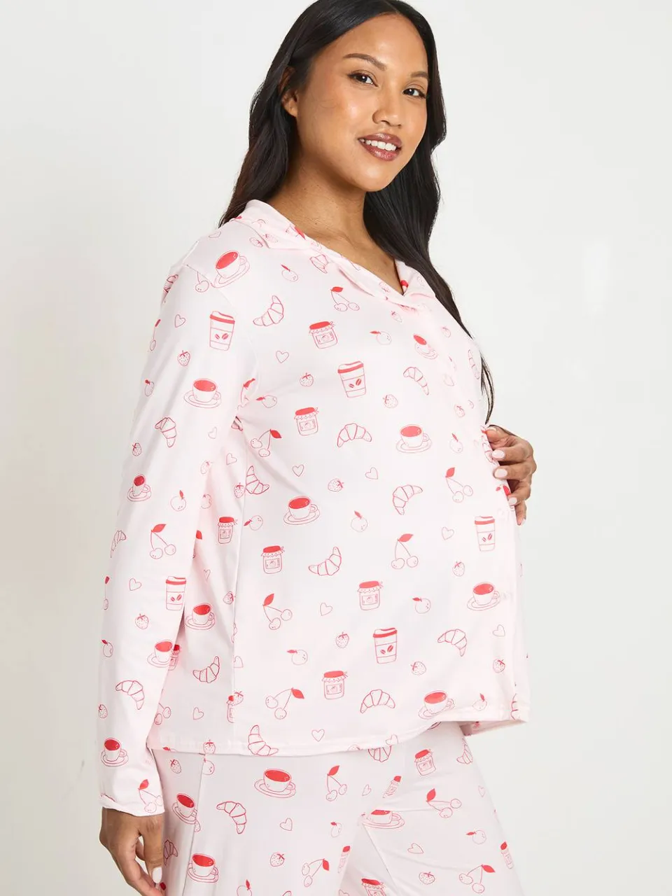 boohoo Dames Zwangerschaps Croissant En Jam Pyjama Set Met Lange Mouwen En Broek roze, foto 4