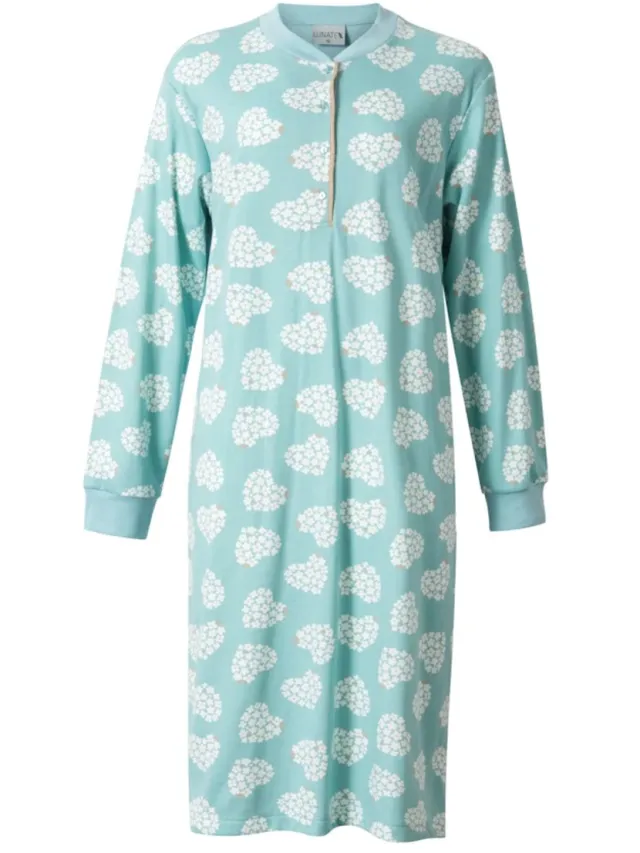 Lunatex dames nachthemd lange mouw - interlock licht geruwd - Hart margriet - mint Mint, hart margriet