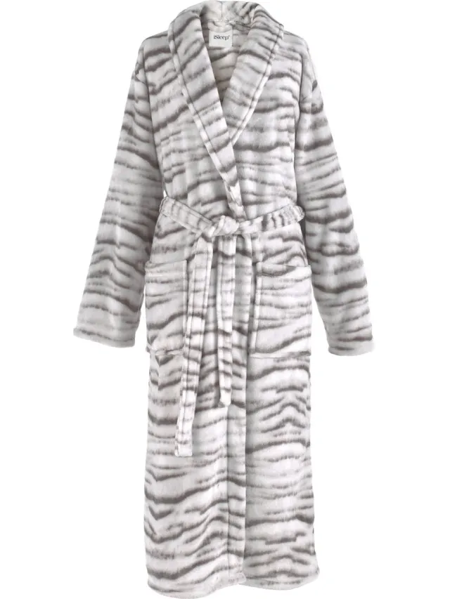 iSleep Badjas - Siberische Tijger Print - Zachte Fleece - Lang Model - Grijs