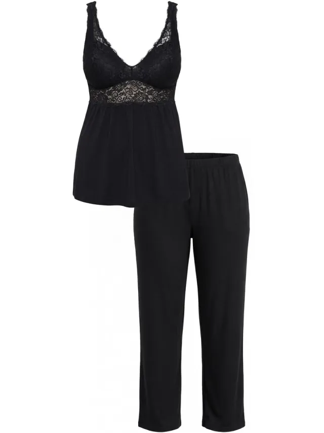 TruYou Dames - TruYou pyjama tweedelig kant ondoorzichtige buste - Zwart - Maat 50+
