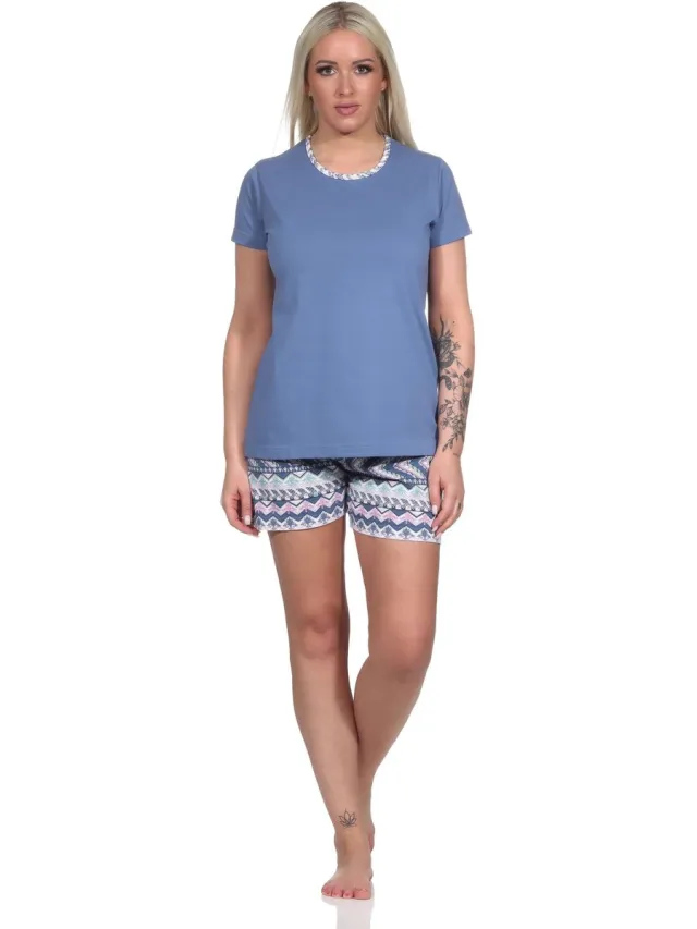 Normann Speelse korte damespyjama, pyjama met korte mouwen in etnische stijl blau