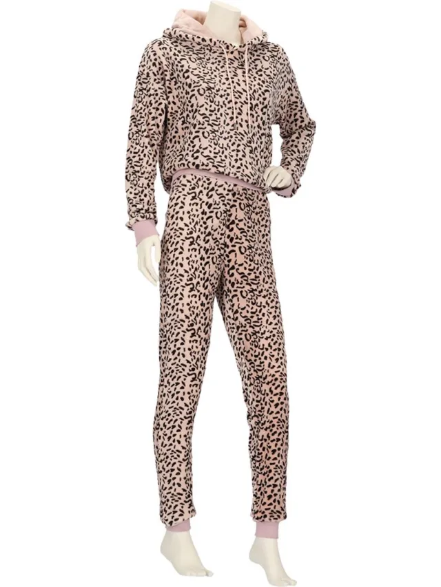 Apollo Dames Huispak Loungewear Luipaard Print Fleece Incl Capuchon Roze