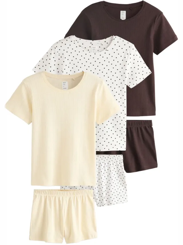 Next Dames - Set van 3 korte ajourgebreide pyjama's - Crème Chocolate/Yellow/Cream