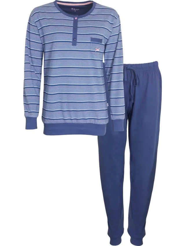 Tenderness Dames Pyjama - Jersey Kwaliteit - Polo Sluiting - Blauw